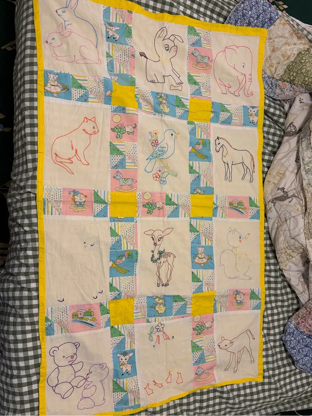 Vintage Hand-Embroidered Small Pets Quilt top- Charming Animal Patchwork